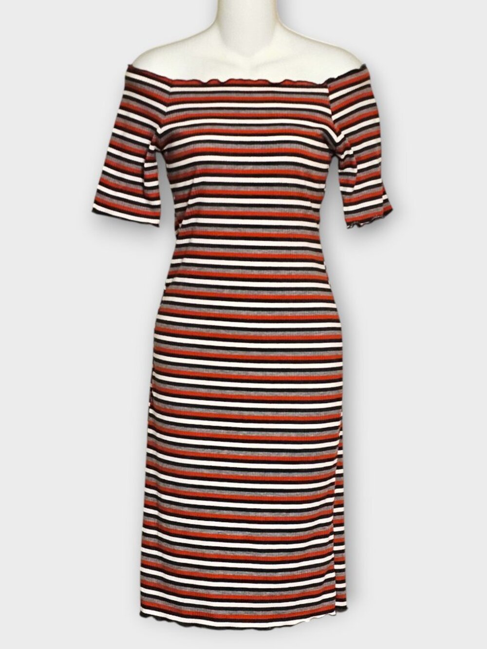 Caution to the Wind Striped Midi Dress Women’s Large Off Shoulder Ribbed USA - Picture 3 of 10